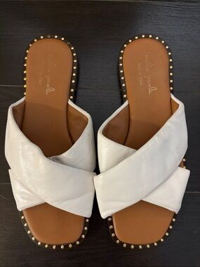 Mila Paoli White Leather Crisscross Studded Slide Sandals sz 8